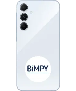 Icy blue Samsung Galaxy A55 with BiMPY logo on the back