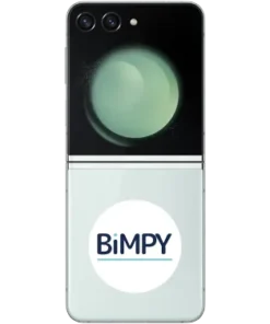 Mint green Samsung Galaxy Z Flip5 folded with BiMPY logo on the back