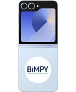 Light blue Samsung Galaxy Z Flip6 unfolded with BiMPY logo on the back