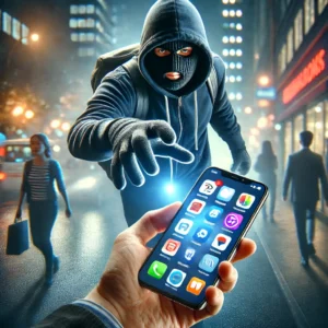 A masked thief in a hoodie snatches a smartphone from an unsuspecting pedestrian in a busy urban area at night. 