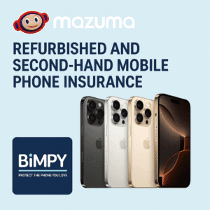 Promotional graphic showing Mazuma and BiMPY logos with iPhone 16 Pro models, highlighting refurbished and second-hand mobile phone insurance.