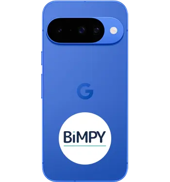 Blue Google Pixel smartphone with BiMPY logo on the back.