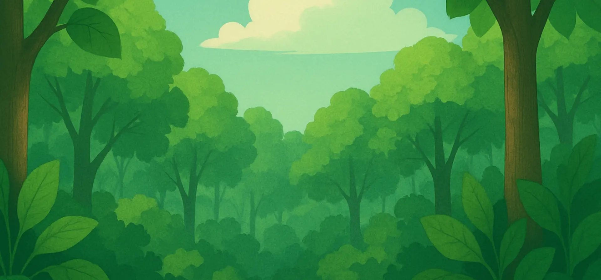 Illustrated forest background with tall trees, green canopy, and soft sky