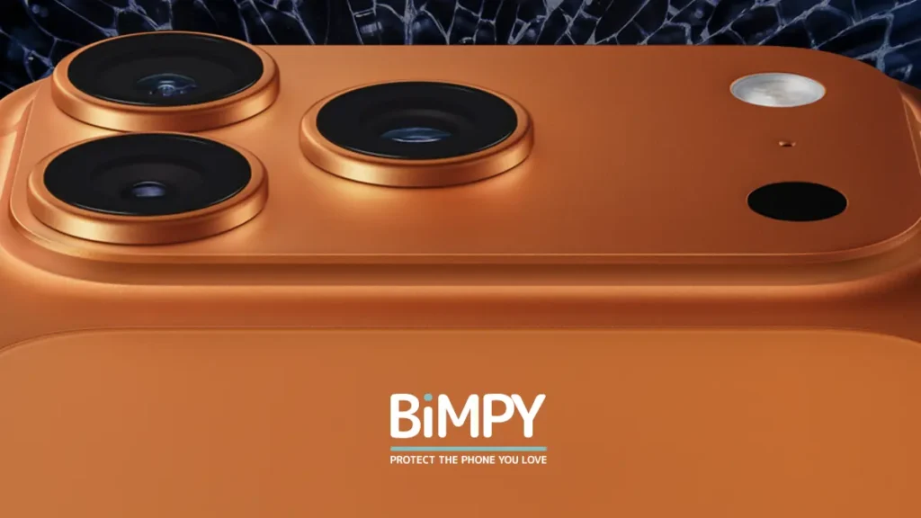 Close-up of an orange iPhone 17 Pro Max camera with BiMPY® logo and shattered glass background, symbolising phone damage and protection.