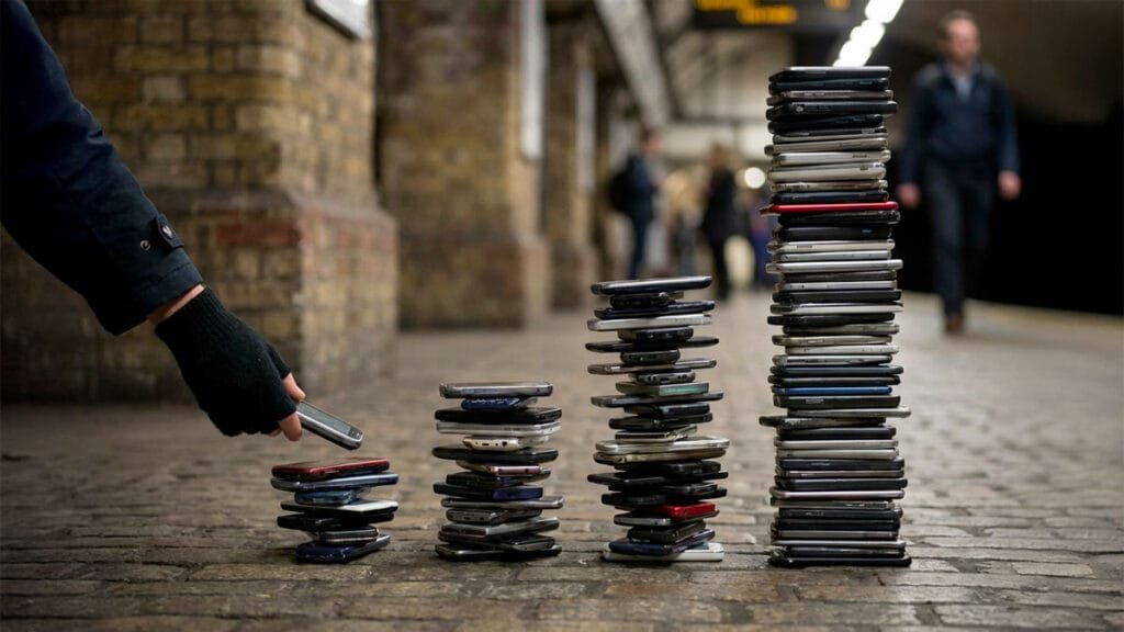 Stacks of stolen mobile phones on a London train platform with a gloved hand adding another phone to the pile.